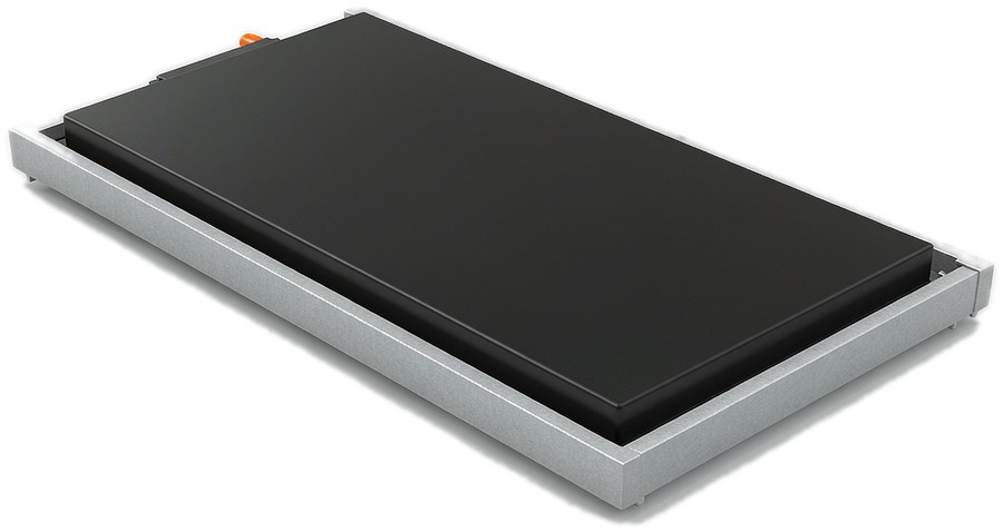 Illustrative render of an electric-vehicle traction battery pack: a flat sealed cover in a slim aluminium frame, with the high-voltage connector at one end.